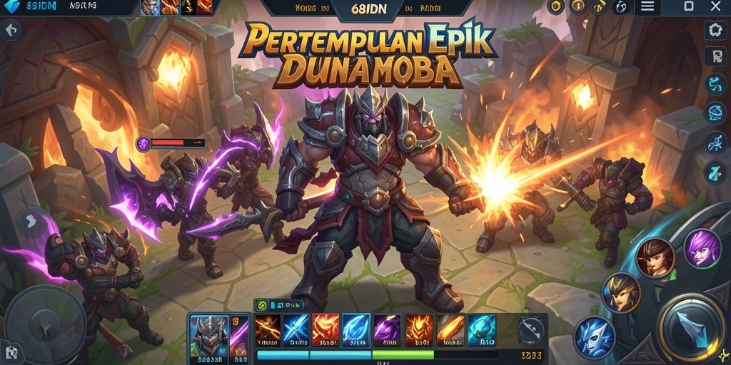 Screenshot utama 68IDN menampilkan pertempuran seru dalam gameplay MOBA.