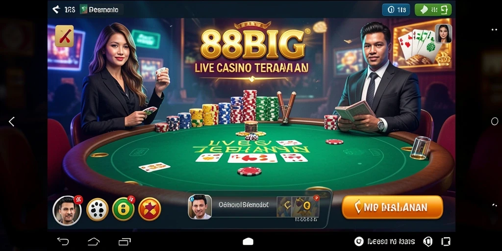 Sebuah screenshot dari permainan Live Casino yang menampilkan dealer dan meja permainan.