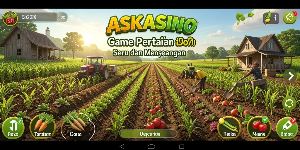 Screenshot gameplay ASKASINO menampilkan lahan pertanian yang subur dan interaksi sosial antar pemain.