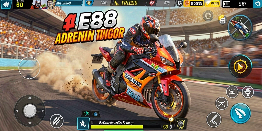 Screenshot gameplay E88 yang menunjukkan aksi balapan motor yang mendebarkan.
