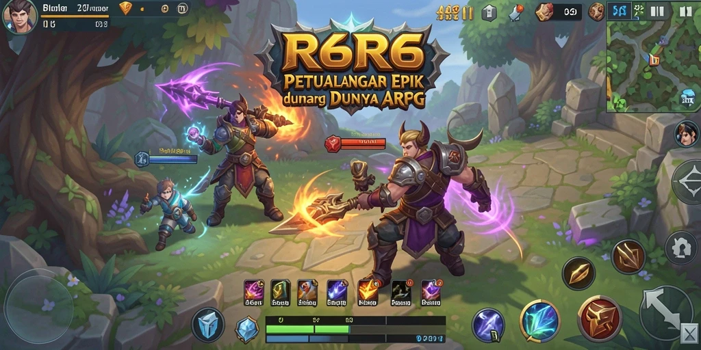 Tampilan layar utama R6R6 yang menampilkan aksi dan petualangan seru.