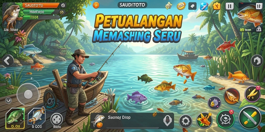 Screenshot gameplay SAUDITOTO menampilkan aksi seru memancing di lautan.