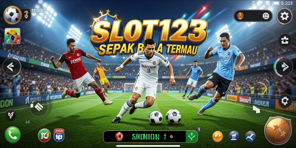Tampilan gameplay SLOT123 dengan karakter pemain sepak bola yang dinamis.