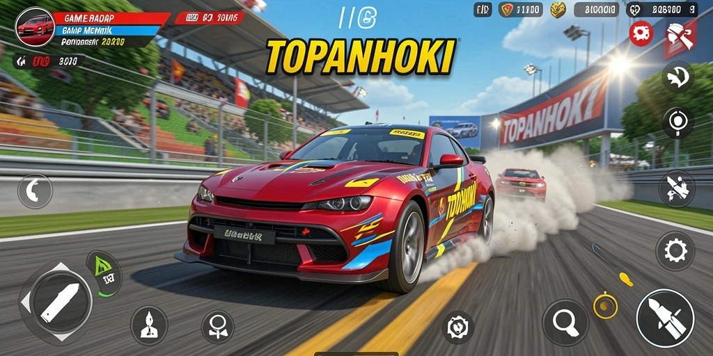 Screenshot gameplay TOPANHOKI menampilkan mobil balap di lintasan yang menegangkan.